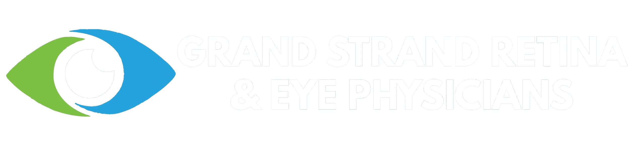 Logo with a stylized eye in green and blue, next to the text "Grand Strand Retina & Eye Physicians" in bold white capital letters on a light background.
