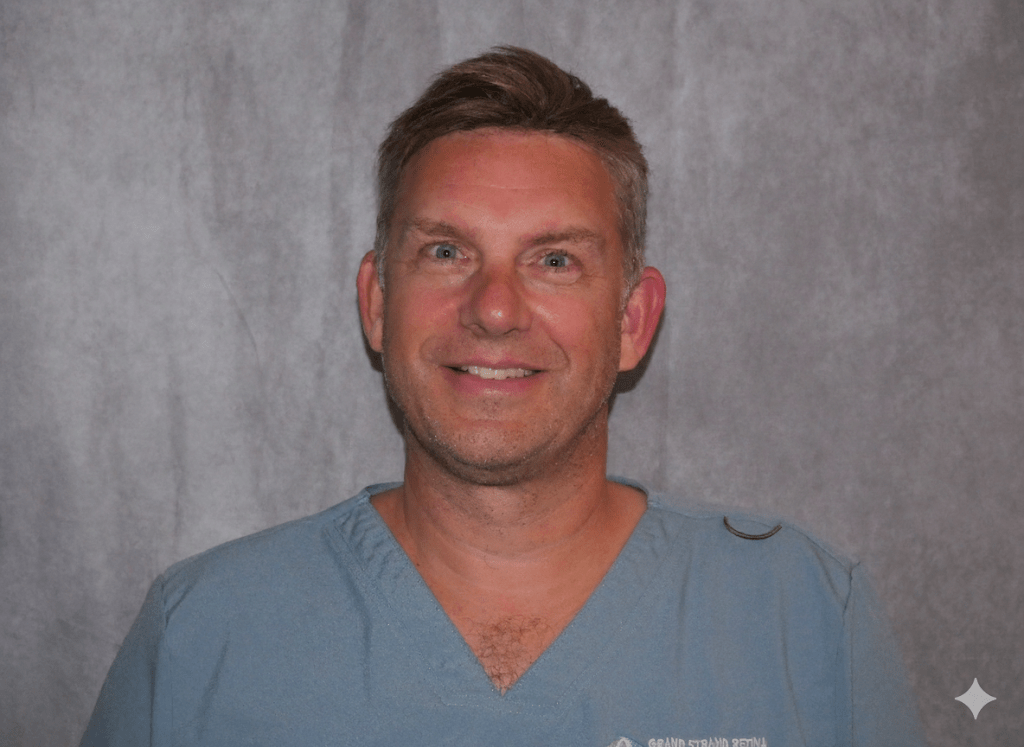 A man with short brown hair, wearing light blue medical scrubs, smiles at the camera in front of a plain gray background.